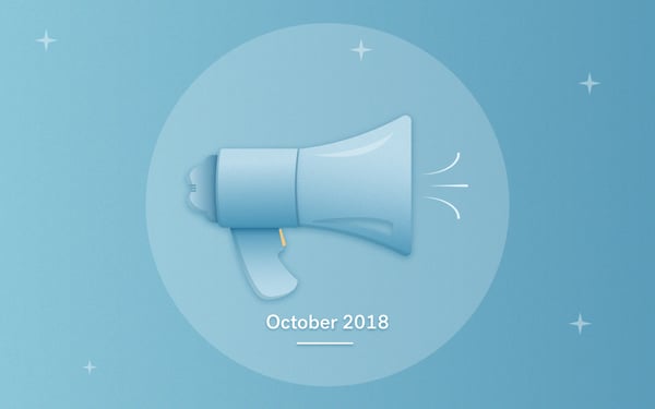 October 2018 on a blue background with a megaphone.