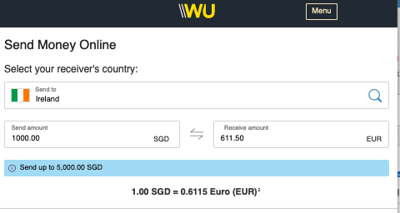 Western Union calculator showing 1000SGD to Euro