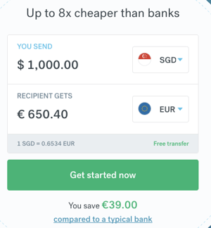 CurrencyFair calculator showing 1000SGD to Eur