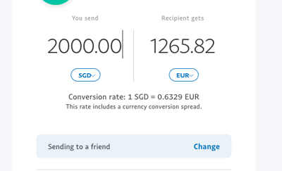 PayPal calculator 2000SGD to EUR
