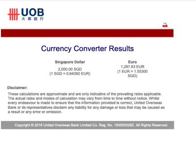 2000SGD exchanged to Euro with UOB