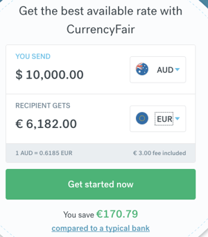 calculator showing the exchange of AUD to EUR with CurrencyFair