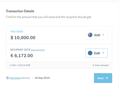 screen showing the details of a AUD10000 to euro with CurrencyFair