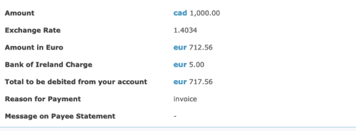 Screenshot of EUR to 1000 CAD exchange with Bank of Ireland
