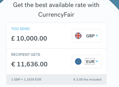 CurrencyFair 10000GBP exchange to EUR