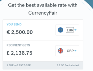 CurrencyFair 2500 euro to gbp comparison