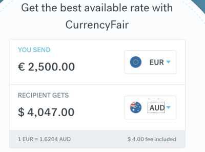 CurrencyFair 2500 EUR to AUD 13:30 22 November 2019