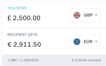 CurrencyFair exchange 2500GBP to EUR 18 Nov