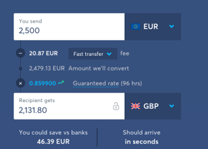 TransferWise 2500 euro to gbp comparison