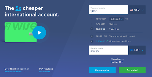 A screenshot showing the cost of transferring 1,000 USD into EUR using Wise.