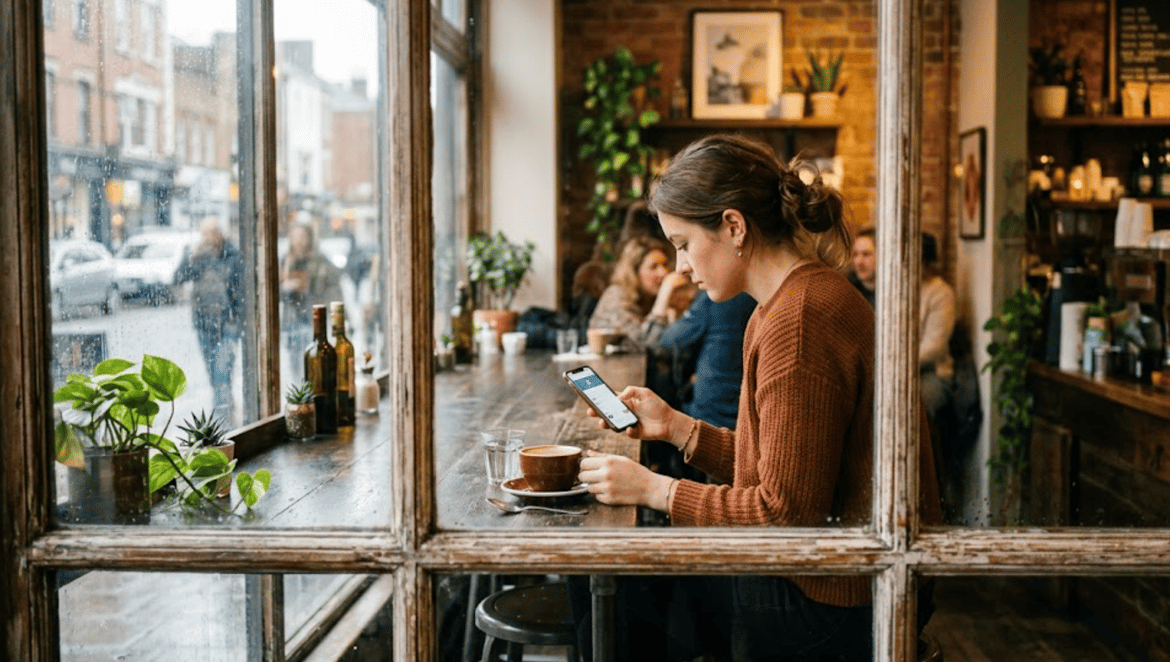Woman on her phone in a coffee shop 