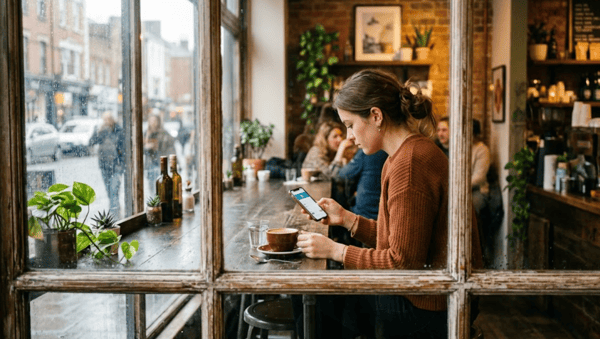 Woman on her phone in a coffee shop 