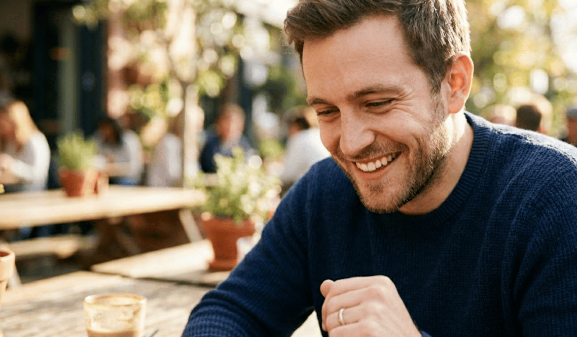 Man smiling looking at phone 