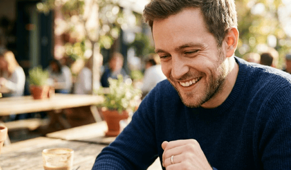 Man smiling looking at phone 