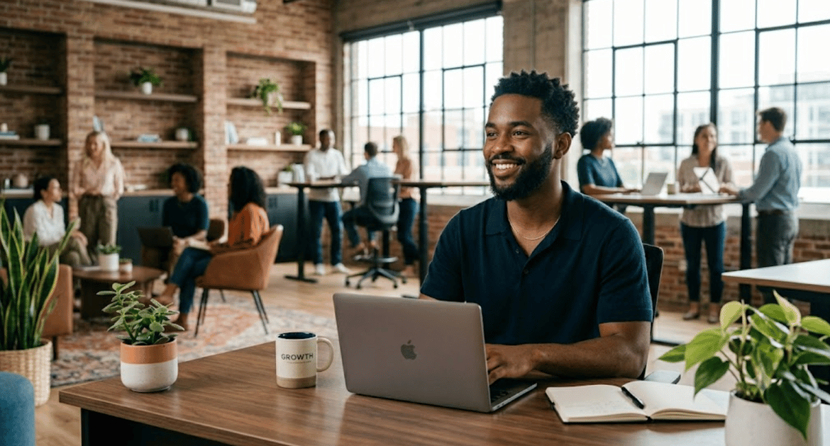 Man smiling at his desk 