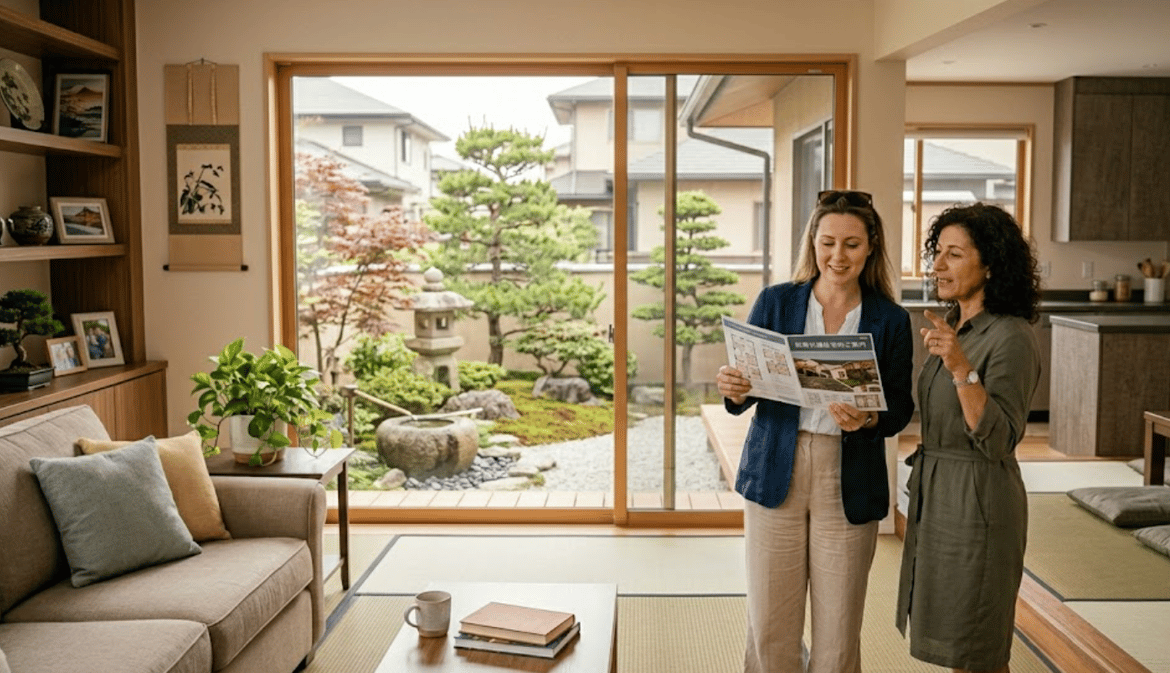 An estate agent showing a property abroad