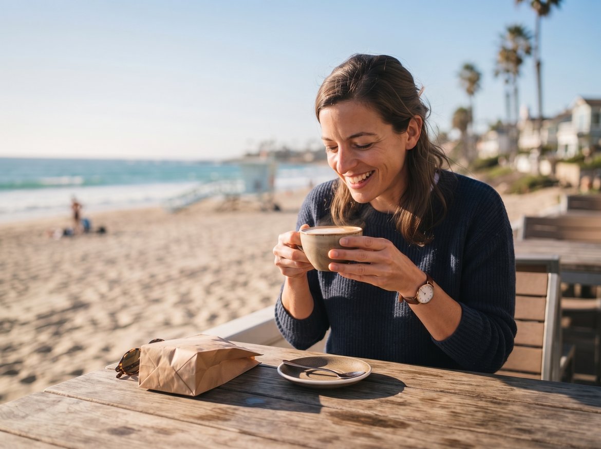 Woman having a coffee by the beach