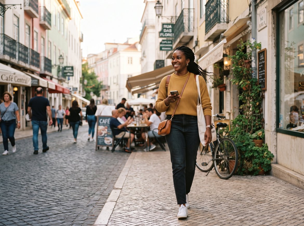 Woman walking down the street with her phone in her hand