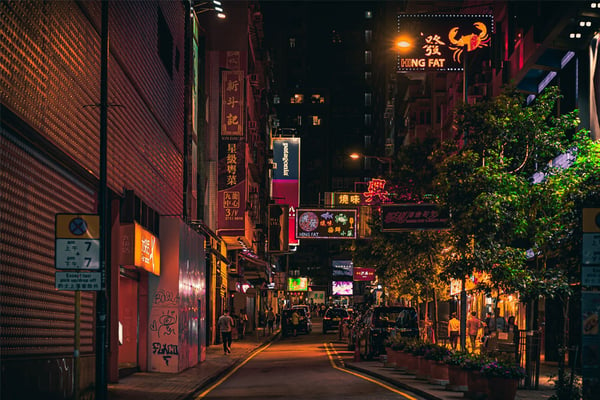A Hong Kong street at night.
