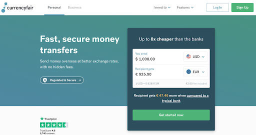 A screenshot showing the cost of transferring 1,000 USD into EUR using CurrencyFair.