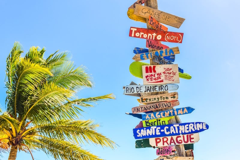A signpost covered in the names and distances to various countries, beside a palm tree.
