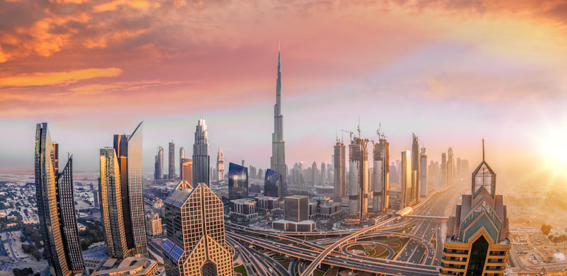 Dubai skyline at dawn.