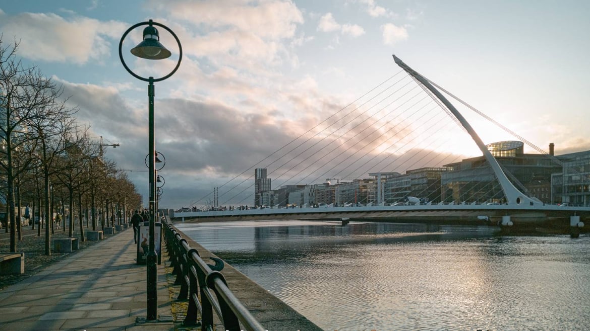 A bridge in Dublin at sunset.