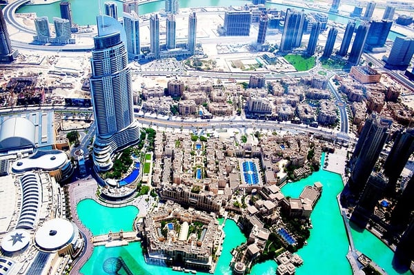 An aerial shot of the Dubai skyline.