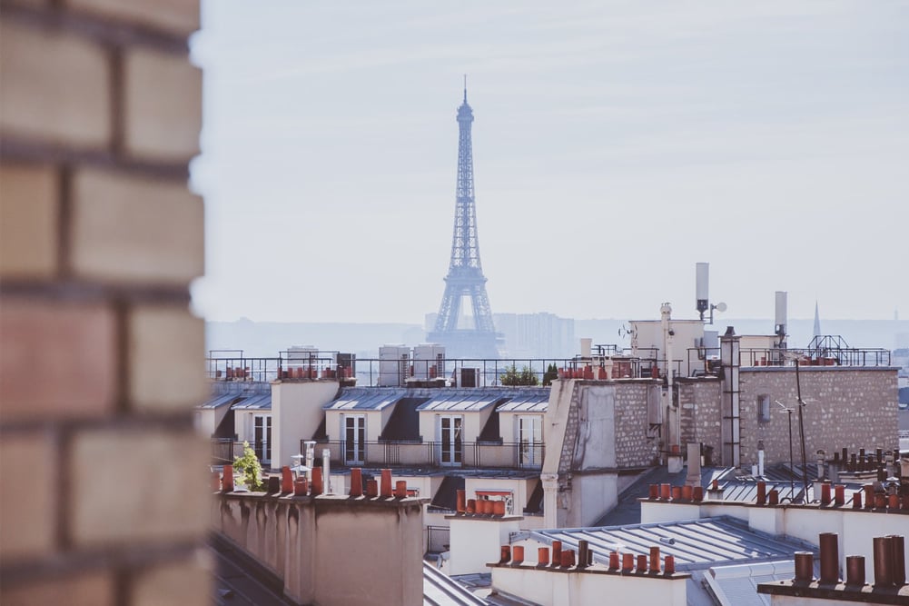 The Paris skyline with the Eiffel tower.
