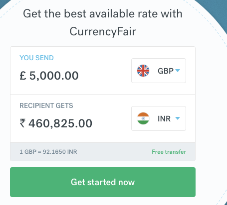 5000 pound sterling to indian rupee transfer CurrencyFair
