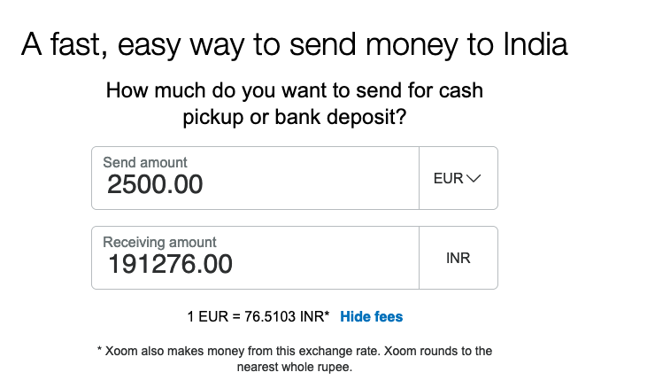 2500 euro to indian rupee transfer Xoom