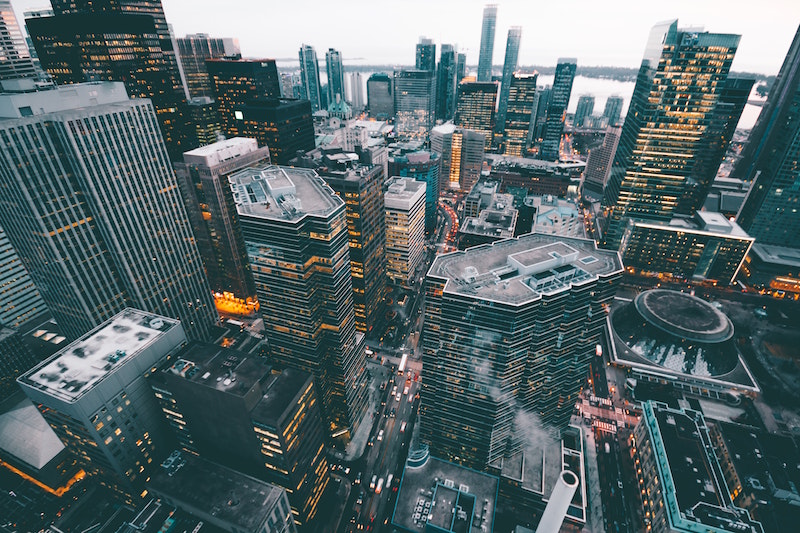 view from above of skyscapers in city