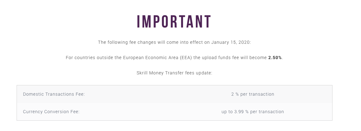 Fee changes with Skrill January 2020